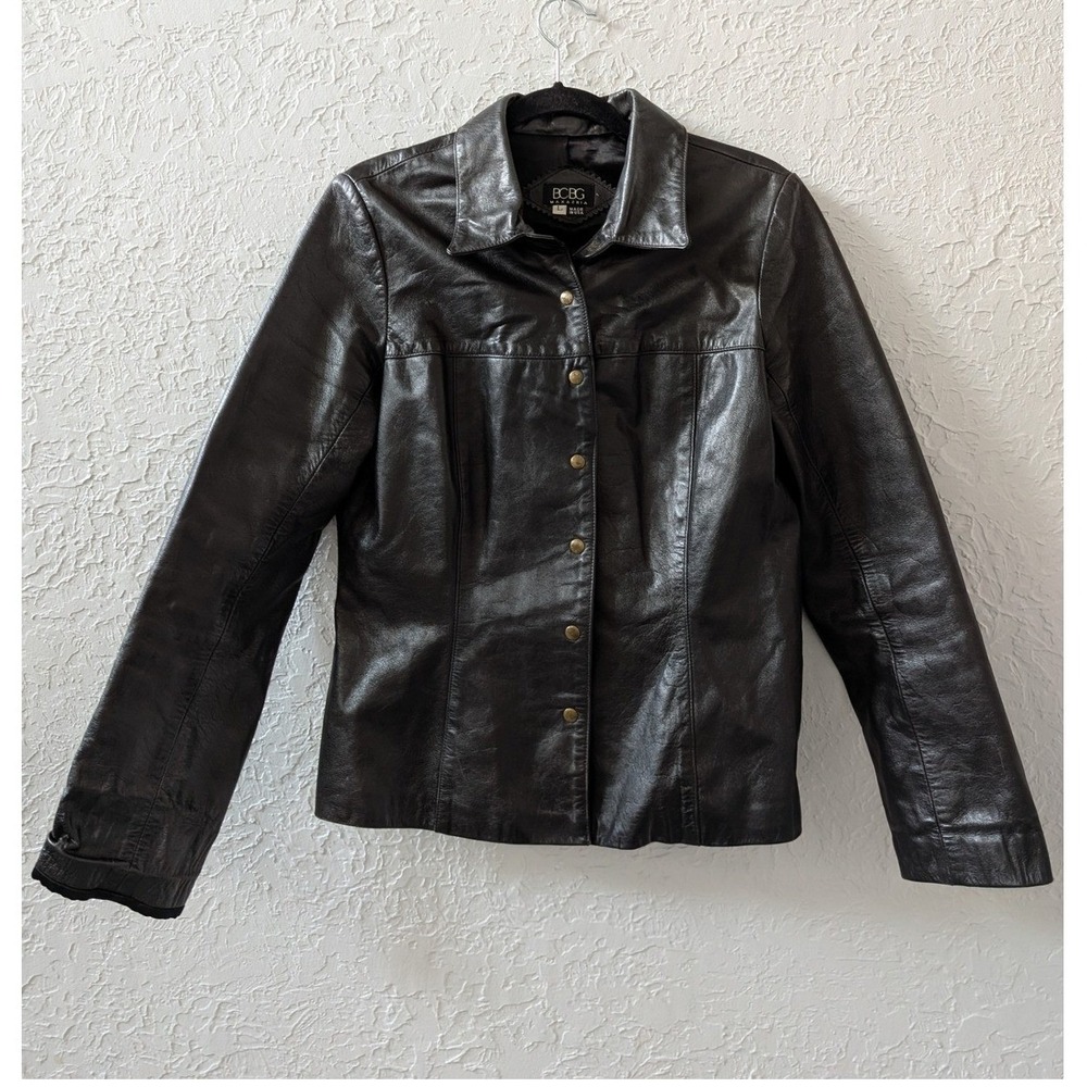 BCBG Max Azria LT 4511 Jacket Women Large Genuine Leather Black Made in USA Snap